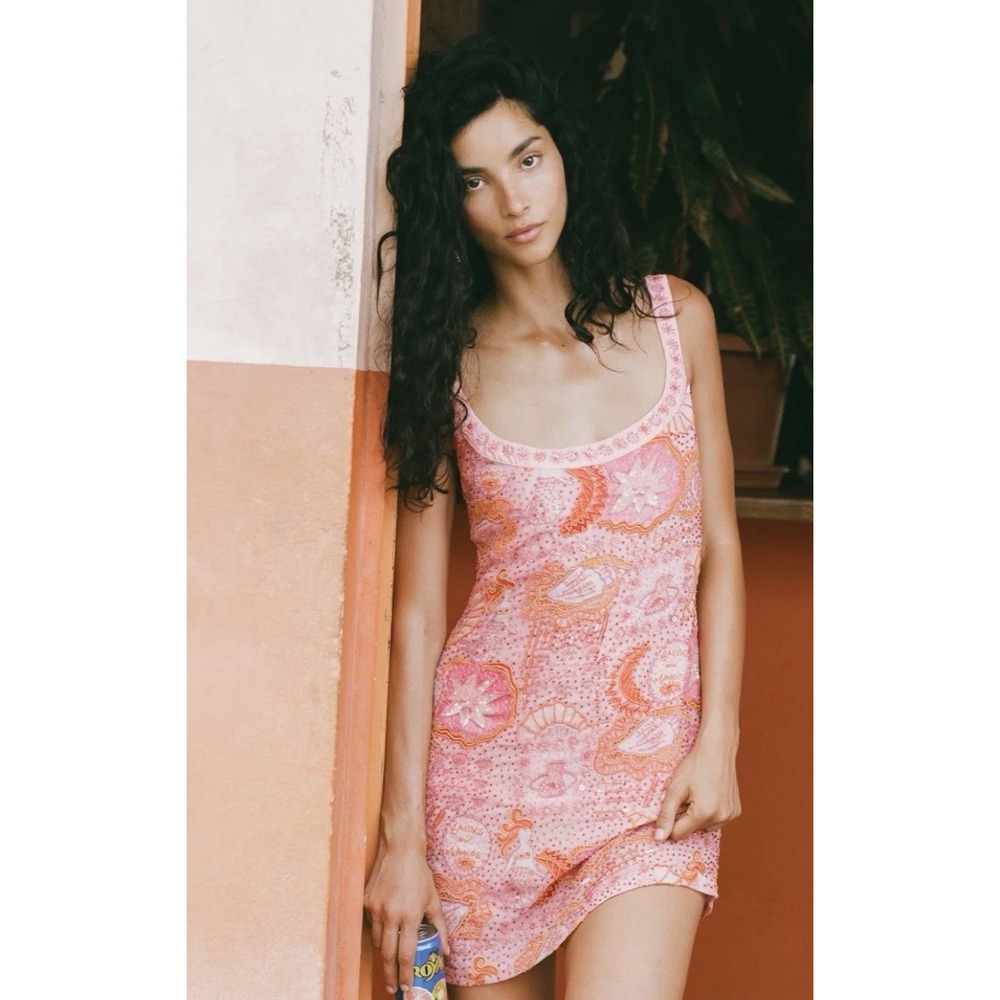 For Love & Lemons Dress Tide Pool Mini Dress NEW Beaded Apricot Size 6 MSRP $529